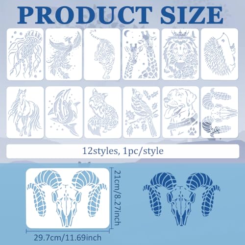 FINGERINSPIRE 12 Pcs Wildlife Painting Large Stencils 83x117 Fox Tiger Peacock Whale Horse Lion Jellyfish Dog Bird Hedgehogs Giraffe Pattern Stencil Animal Theme Stencil for Adults Home Decor - Image 3