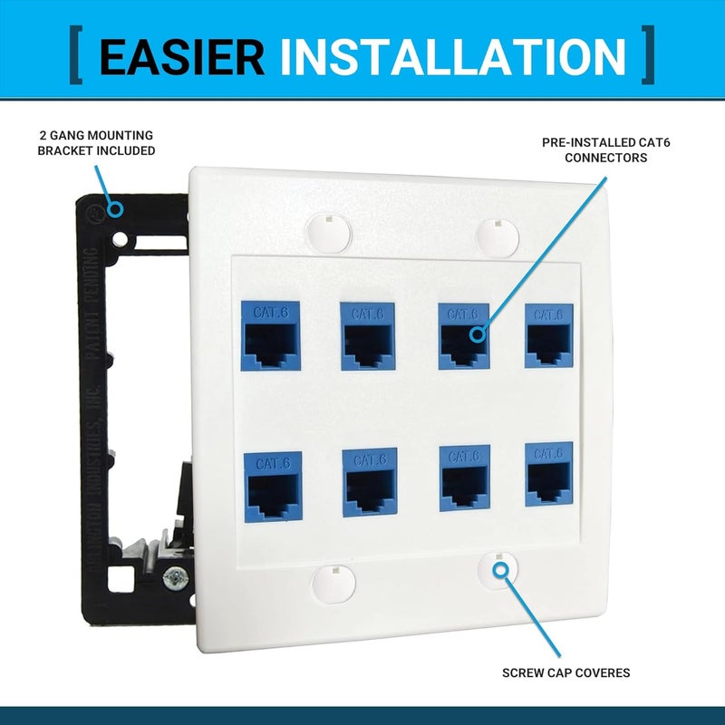 DIYTECH 8 Port Ethernet Wall Plate, Cat 6, Double Gang, RJ45 Female to Female Keystone Jacks - White - Image 2