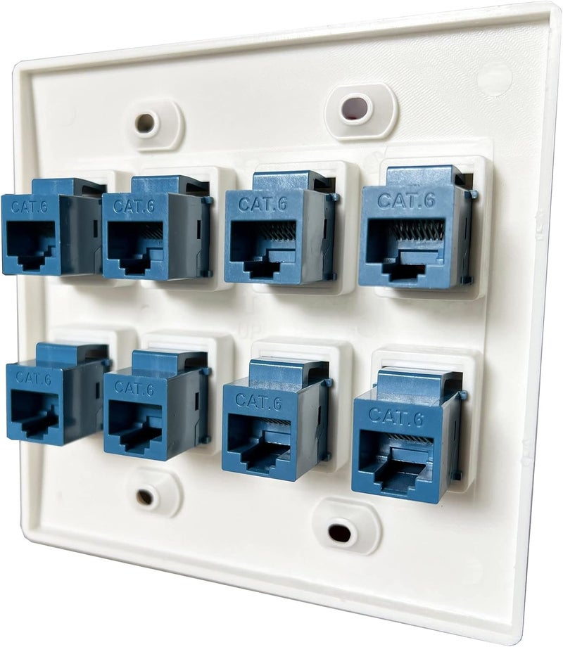 DIYTECH 8 Port Ethernet Wall Plate, Cat 6, Double Gang, RJ45 Female to Female Keystone Jacks - White - Image 4