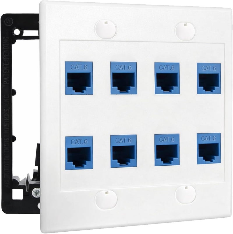 DIYTECH 8 Port Ethernet Wall Plate, Cat 6, Double Gang, RJ45 Female to Female Keystone Jacks - White - Image 1