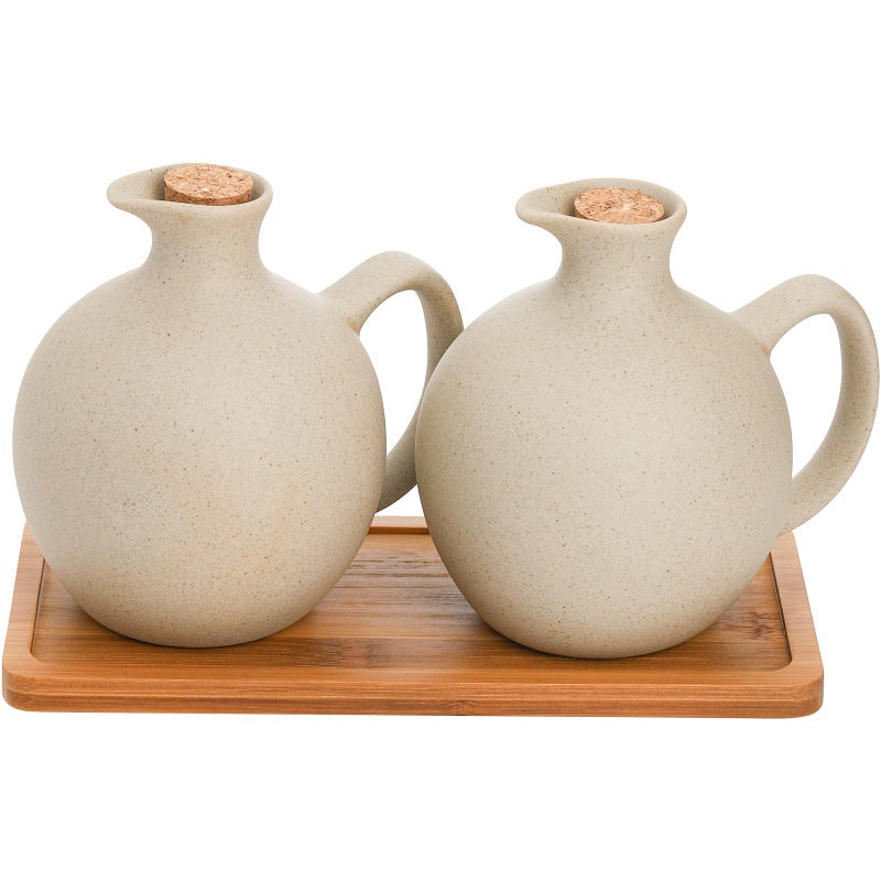 Elsjoy Set of 2 Ceramic Oil Vinegar Dispenser with Cork and Tray 15 Oz Tabletop Oil Bottles Soy Sauce Jar Decorative Olive Oil Stoneware Holder Vinegar Container for Kitchen