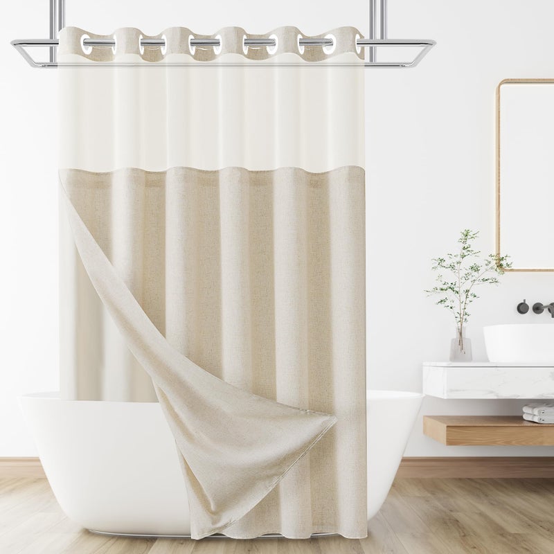 Jowels No Hooks Shower Curtain with Snap-in Fabric Liner Set, Hotel Luxury Decor Shower Curtains for Bathroom with See Through Top Window, Waterproof & Washable, 72Wx75H, Cream - Image 1