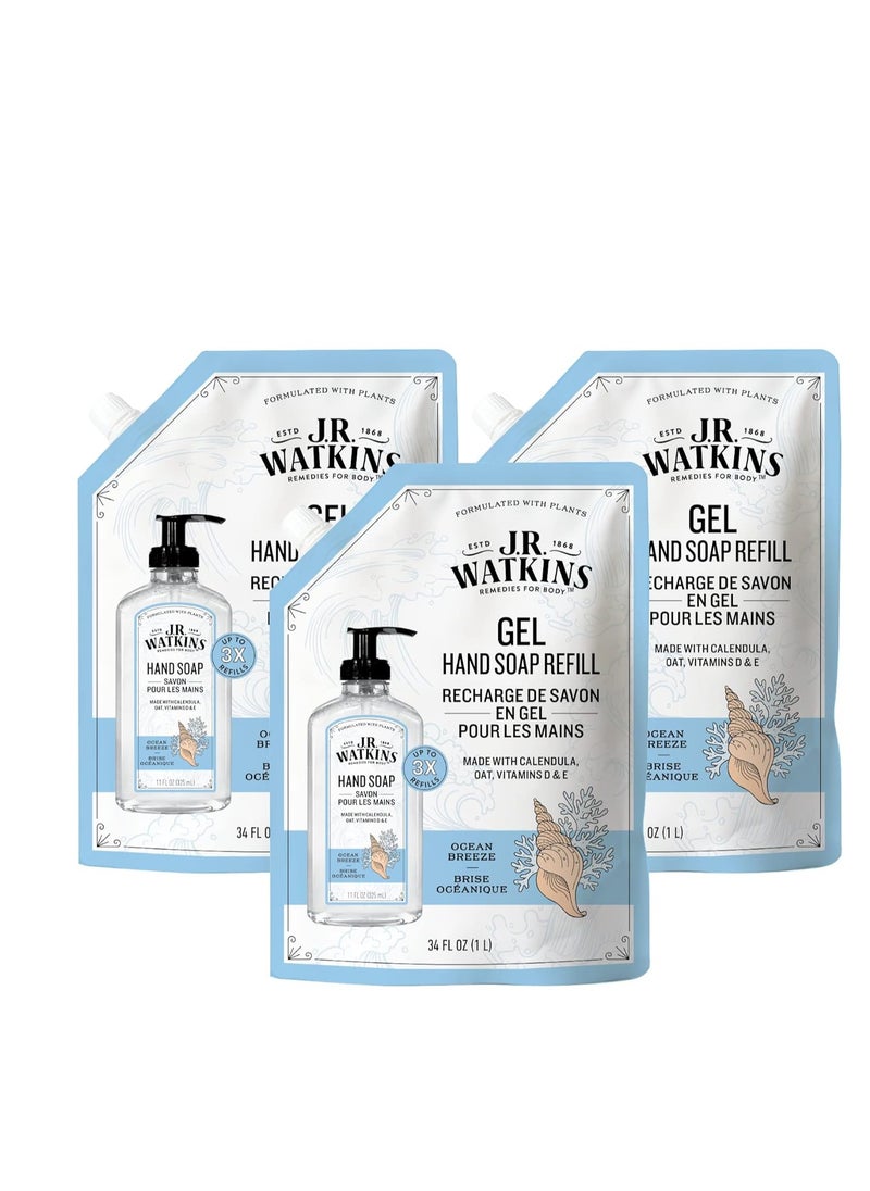 J.R.WATKINS J.R. Watkins Gel Hand Soap Refill, Moisturizing Hand Wash, All Natural, Alcohol-Free, Cruelty-Free, USA Made, Ocean Breeze, 34 Fl Oz, 3 Pack  - Image 1