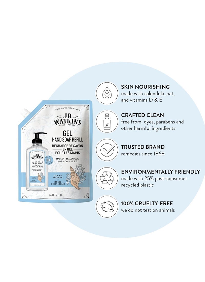 J.R.WATKINS J.R. Watkins Gel Hand Soap Refill, Moisturizing Hand Wash, All Natural, Alcohol-Free, Cruelty-Free, USA Made, Ocean Breeze, 34 Fl Oz, 3 Pack  - Image 2