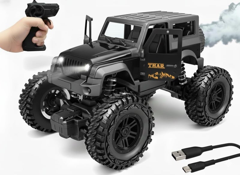 Brand Conquer Remote Control Off Road Car for Kids, Rechargeable Thar Toy with Mist Spray, Openable Doors, Front LED, Shock Absorbers, 2WD, Mobile Connect, USB-C Port & 75ft Range (Thar Black) - Image 1