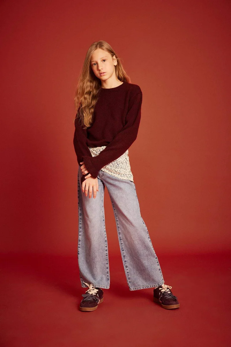 ديفاكتو Girl Crew Neck Flounce Knit Pullover