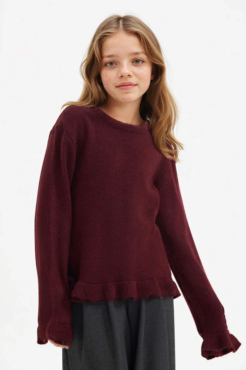ديفاكتو Girl Crew Neck Flounce Knit Pullover