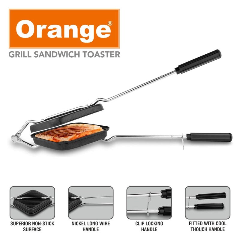 Orange Aluminium Non-Stick Grill Sandwich & Toast Maker | Free Nylon Tongs & Scrubber | 1000W | Gas Stove Compatible | Non-Electric | Durable Build | Stylish Black Finish | 1 yr warranty - Image 2