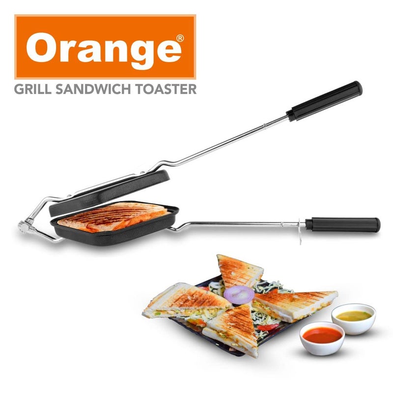 Orange Aluminium Non-Stick Grill Sandwich & Toast Maker | Free Nylon Tongs & Scrubber | 1000W | Gas Stove Compatible | Non-Electric | Durable Build | Stylish Black Finish | 1 yr warranty - Image 3
