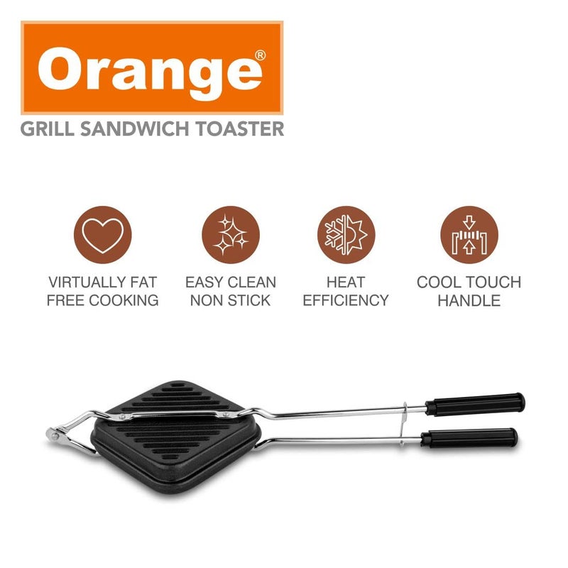 Orange Aluminium Non-Stick Grill Sandwich & Toast Maker | Free Nylon Tongs & Scrubber | 1000W | Gas Stove Compatible | Non-Electric | Durable Build | Stylish Black Finish | 1 yr warranty - Image 4