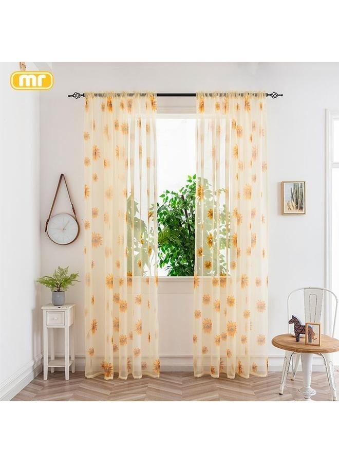 Sunflower Window Curtain, 2PCS Sun Flower Floral Voile Sheer Curtain Panels Tulle for Living Room, Bedroom, Balcony - Rod Pocket Top  - Image 1