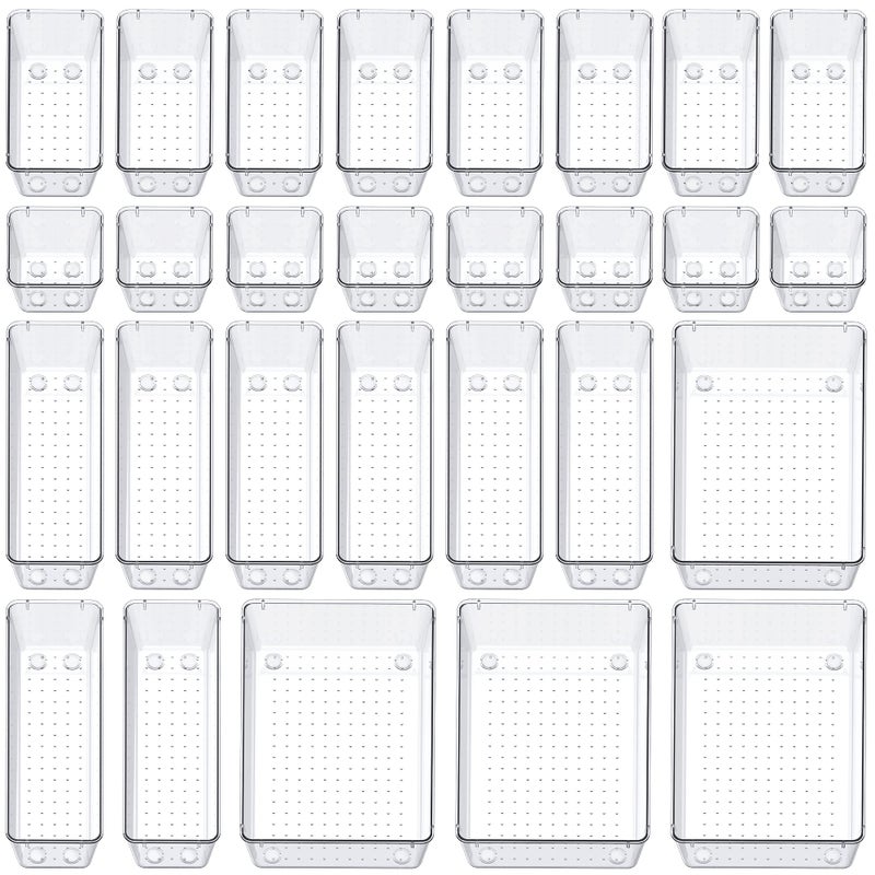 SMARTAKE 28 Piece Drawer Organizers with NonSlip Silicone Pads 4Size Desk Drawer Organizer Trays Storage Tray for Makeup Jewelries Utensils in Bedroom Dresser Office and Kitchen Clear