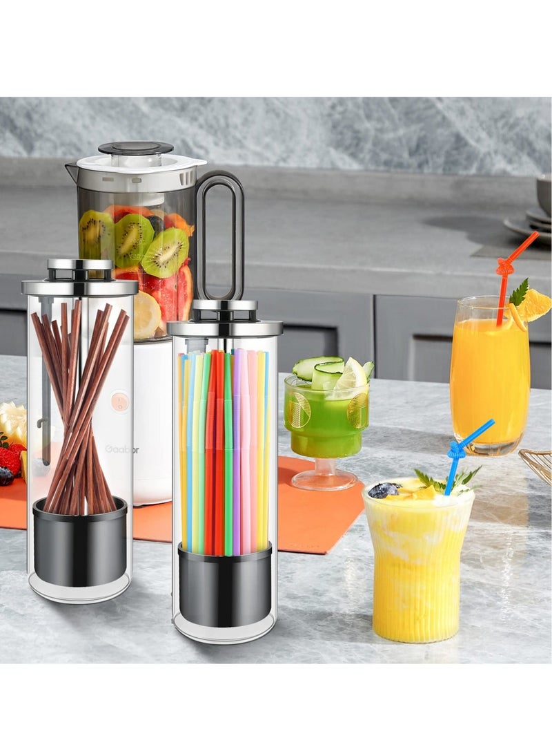 Captaintech 1Pc Glass Straw Dispenser & 100 Colorful Striped Plastic Straws with Stainless Steel Lid - Transparent, Multi-Use Holder for Drinking Straws, Stir Sticks, & More - Perfect for Home & Commercial Use - Image 2