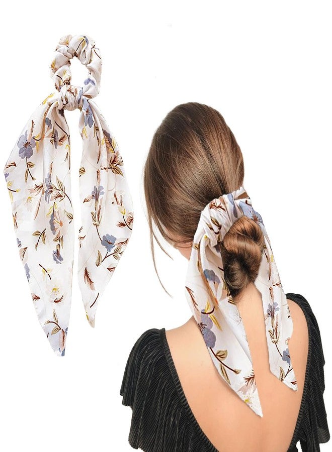 LYKAA Satin Hair Scrunchies for Women & Girls Printed Ponytail Scarf Ribbon Tails Hair Accessories Bandanas Elastic Ties Bow Scrunchies for Girls in Birthday Wedding Party (Pack of 1) White - Image 1