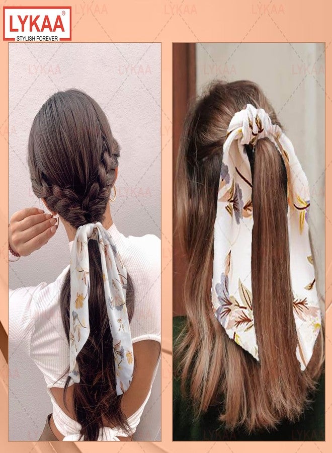 LYKAA Satin Hair Scrunchies for Women & Girls Printed Ponytail Scarf Ribbon Tails Hair Accessories Bandanas Elastic Ties Bow Scrunchies for Girls in Birthday Wedding Party (Pack of 1) White - Image 4
