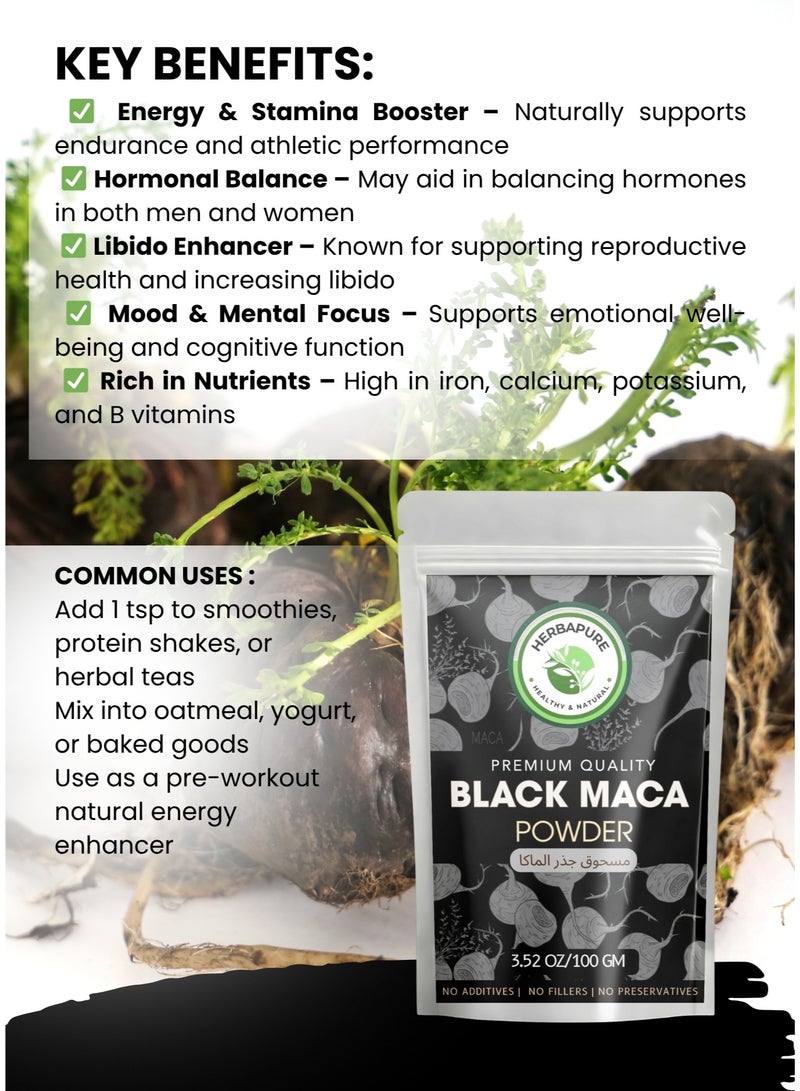 HERBAPURE Black Maca Root Powder 100g – 100% Pure & Natural | Energy ,Hormonal Balance & Stamina Booster | Superfood for Both Men and Women  - Image 3