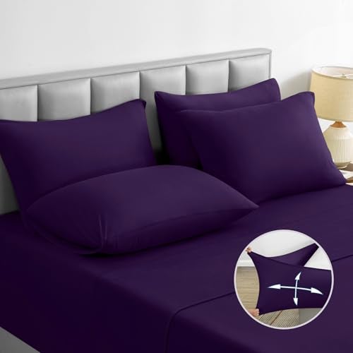 BYSURE 6 Pieces Non-Slip Super Soft Bed Sheet Set(King, Purple), Wrinkle-Free and T-Shirt-Like Spandex Blend Sheets with 18-inch Deep Pocket, 4-Way Soft Stretch Bed Sheets - Image 1