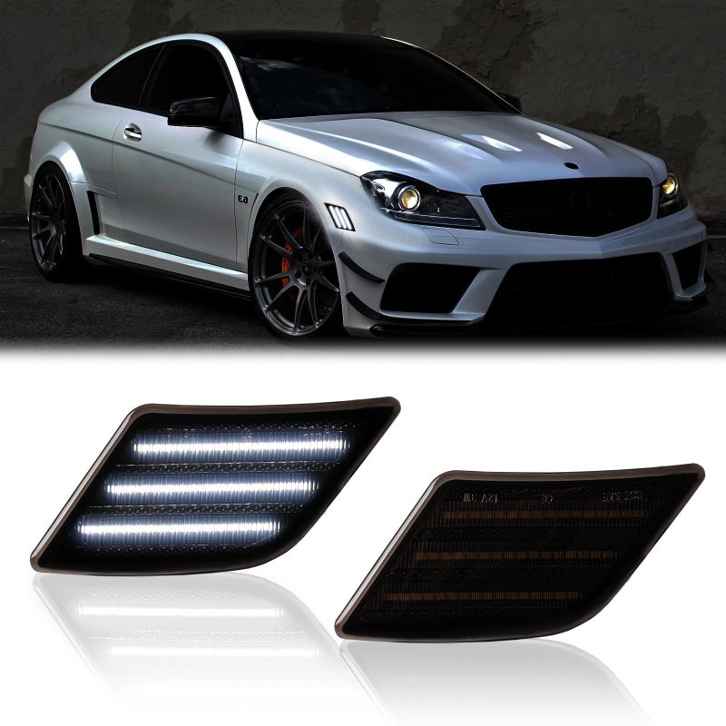 أضواء مؤشر جانبي LED DERMOKA لمرسيدس بنز 20082011 PreLCI W204 C250 C300 C350 20082013 C63 AMG 20052007 SL66 AMG عدسة مدخنة 2PCS بيضاء