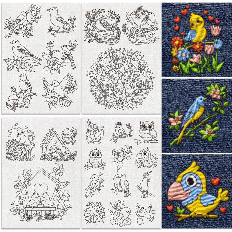 Doodlream 24Pcs Flowers And Birds 4 Sheets Water Soluble Embroidery Pattern Stabilizers  Stick And Stitch Embroidery Stickers  Hand Sewing Diy Flowers And Birds Embroidery Papers - Image 1
