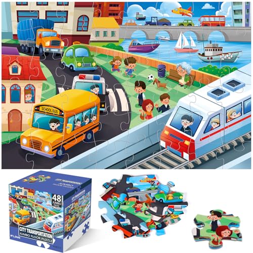 IFLOVE Jumbo Floor Puzzle for KidsCity Transportation Jigsaw Large Puzzles48 Piece City Life Vehicle Puzzle for Toddler Ages 35Children Learning Preschool Educational ToysGift for 48 Years Old - Image 1