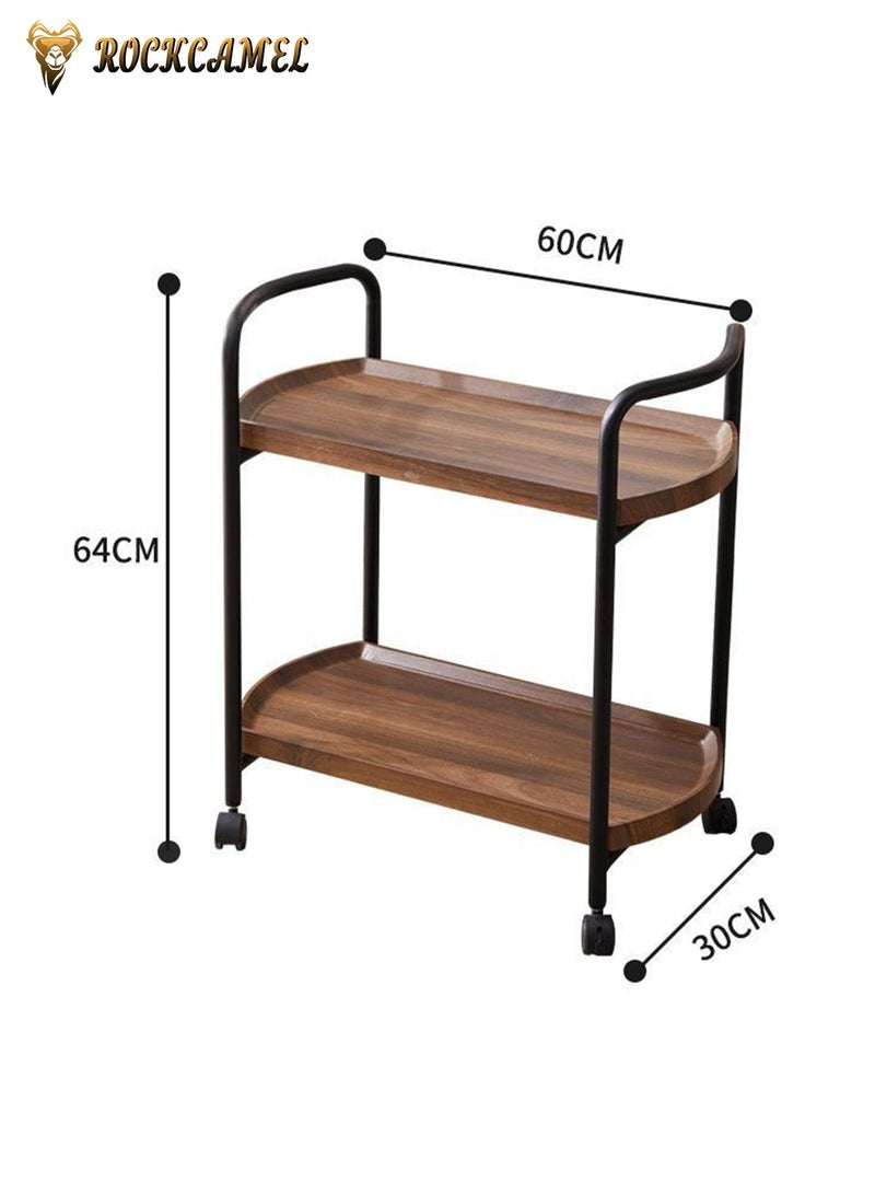 ROCKCAMEL 2-Tier Rolling Storage Shelves, Metal Rolling Serving Cart with Handle and Wheels, Utility Trolley Rack of Wood and Metal Frame for Home Office, Brown(60 * 30 * 64CM) - Image 5