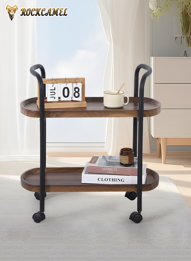 ROCKCAMEL 2-Tier Rolling Storage Shelves, Metal Rolling Serving Cart with Handle and Wheels, Utility Trolley Rack of Wood and Metal Frame for Home Office, Brown(60 * 30 * 64CM) - Image 2