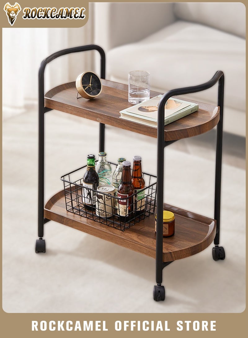 ROCKCAMEL 2-Tier Rolling Storage Shelves, Metal Rolling Serving Cart with Handle and Wheels, Utility Trolley Rack of Wood and Metal Frame for Home Office, Brown(60 * 30 * 64CM) - Image 1