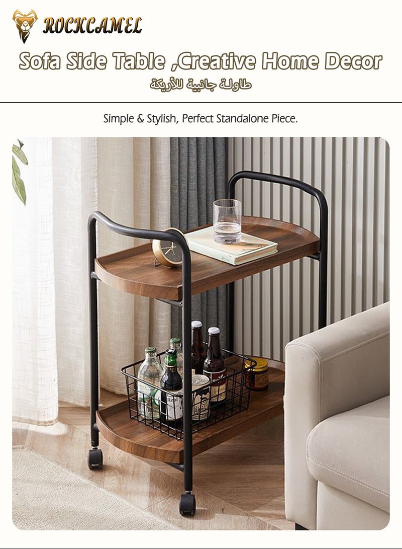 ROCKCAMEL 2-Tier Rolling Storage Shelves, Metal Rolling Serving Cart with Handle and Wheels, Utility Trolley Rack of Wood and Metal Frame for Home Office, Brown(60 * 30 * 64CM) - Image 3