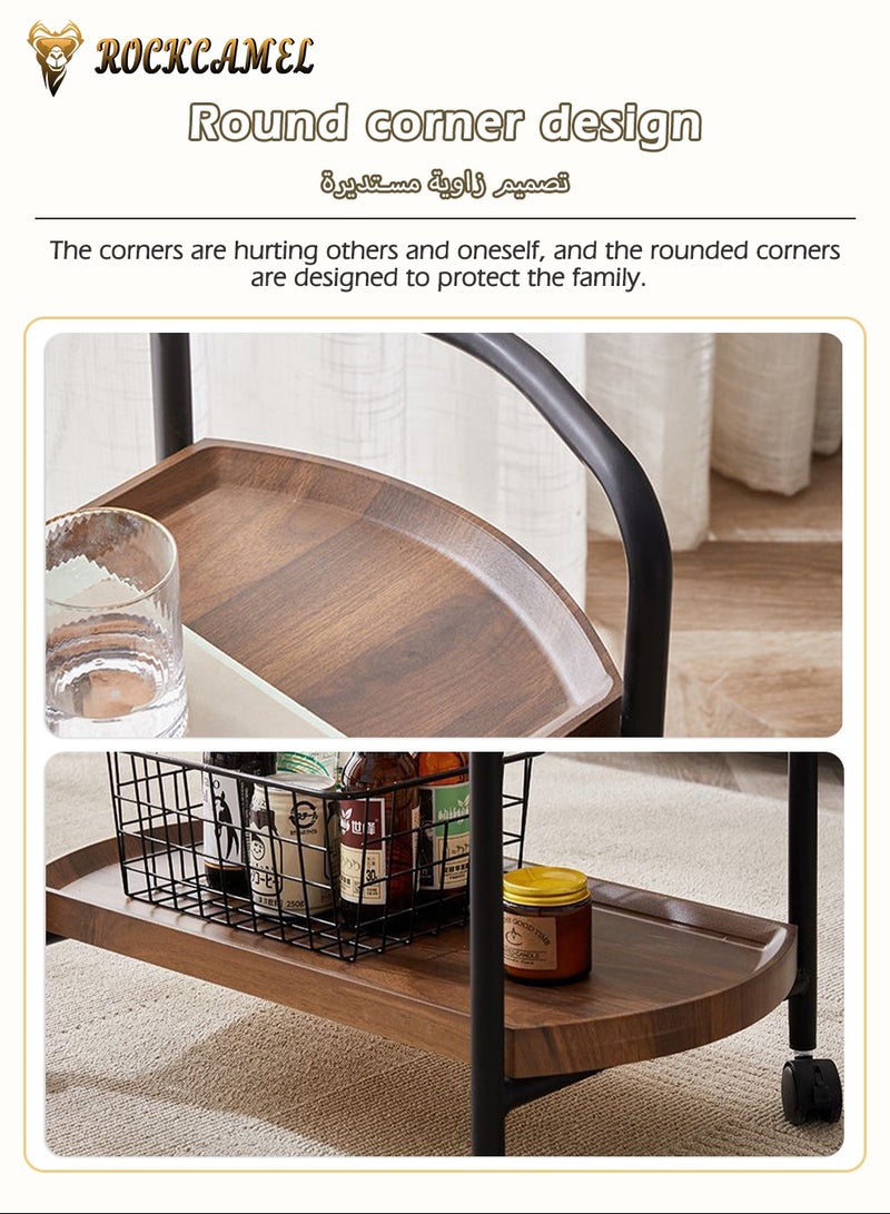 ROCKCAMEL 2-Tier Rolling Storage Shelves, Metal Rolling Serving Cart with Handle and Wheels, Utility Trolley Rack of Wood and Metal Frame for Home Office, Brown(60 * 30 * 64CM) - Image 4