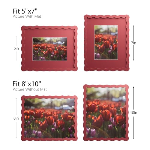 THKRLOF 8x10 Picture Frame with Mat for 5x7, Wavy Edge Wooden Real Glass Photo Frame for Tabletop and Wall Hanging, Red, 1 Pack - Image 4