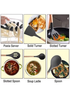 VIO 12PCS Silicone Cooking Utensil Kit with Skimmer Ladle Tongs Wooden Handles Heat Resistant Spatulas Non-Stick Gadgets for Kitchen Frying Pan Whisk Pasta Server Home Durable Set  - Image 3