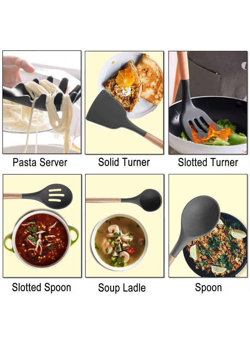 VIO 12PCS Silicone Cooking Utensil Kit with Skimmer Ladle Tongs Wooden Handles Heat Resistant Spatulas Non-Stick Gadgets for Kitchen Frying Pan Whisk Pasta Server Home Durable Set  - Image 3