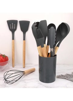 VIO 12PCS Silicone Cooking Utensil Kit with Skimmer Ladle Tongs Wooden Handles Heat Resistant Spatulas Non-Stick Gadgets for Kitchen Frying Pan Whisk Pasta Server Home Durable Set  - Image 2