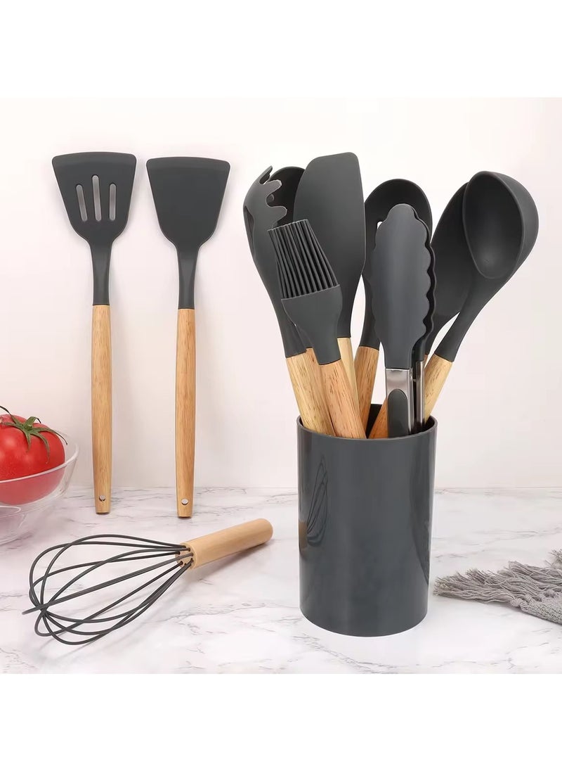 VIO 12PCS Silicone Cooking Utensil Kit with Skimmer Ladle Tongs Wooden Handles Heat Resistant Spatulas Non-Stick Gadgets for Kitchen Frying Pan Whisk Pasta Server Home Durable Set  - Image 2