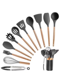 VIO 12PCS Silicone Cooking Utensil Kit with Skimmer Ladle Tongs Wooden Handles Heat Resistant Spatulas Non-Stick Gadgets for Kitchen Frying Pan Whisk Pasta Server Home Durable Set  - Image 1