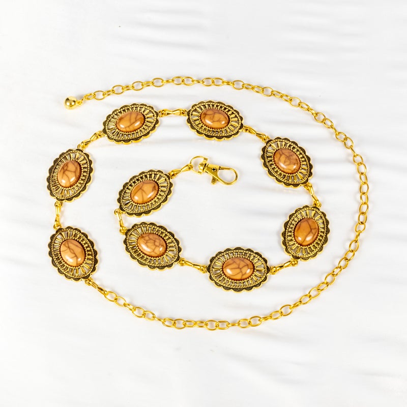 ذا بلاك بيرل اكسسوريز حزام معدن حريمي ذهبي مرصع بالحجر البني - Image 1