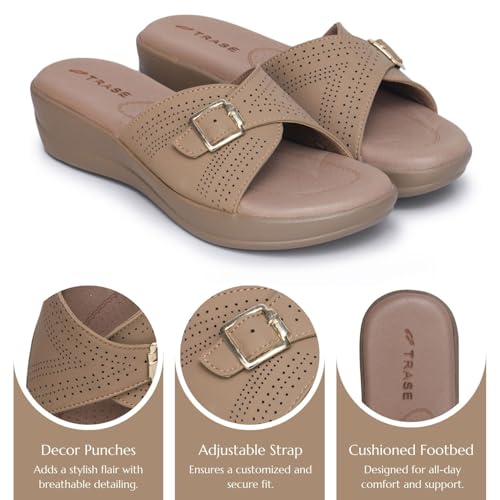 TRASE Stylish Wedges Heels Sandals for Women | Comfortable & Lightweight Slip-On Footwear for Girls | Ladies Fashion Sandal for Party, Office & Casual Use (Beige, 6 UK) - Image 2