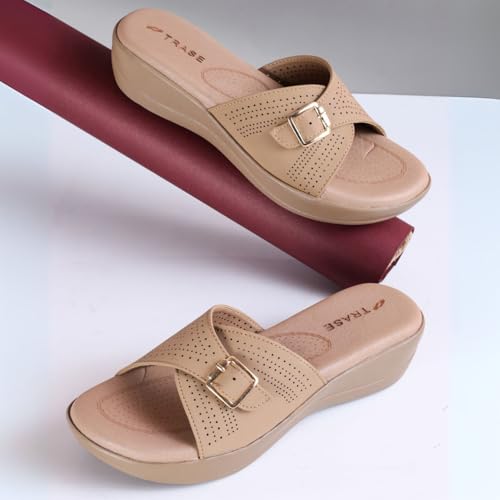 TRASE Stylish Wedges Heels Sandals for Women | Comfortable & Lightweight Slip-On Footwear for Girls | Ladies Fashion Sandal for Party, Office & Casual Use (Beige, 6 UK) - Image 3