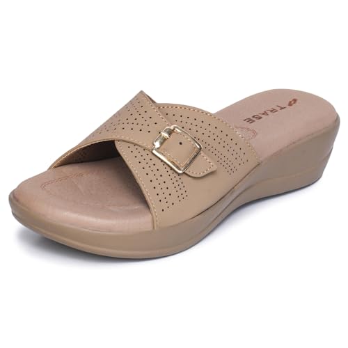 TRASE Stylish Wedges Heels Sandals for Women | Comfortable & Lightweight Slip-On Footwear for Girls | Ladies Fashion Sandal for Party, Office & Casual Use (Beige, 6 UK) - Image 1