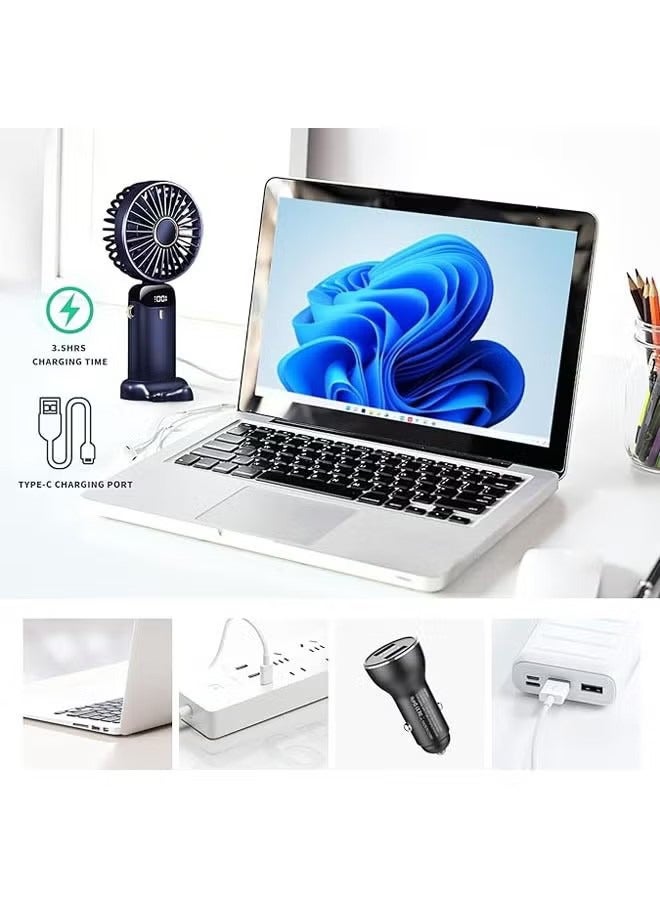 جي أس مروحة صغيرة محمولة باليد، 5 سرعات مروحة شخصية محمولة مع شاشة مؤشر 90 درجة قابلة للضبط مروحة تبريد قابلة للإزالة قاعدة، مروحة هادئة للنقل الخارجي لوزارة الداخلية، عمل لمدة 16-24 ساعة (أزرق) - Image 2