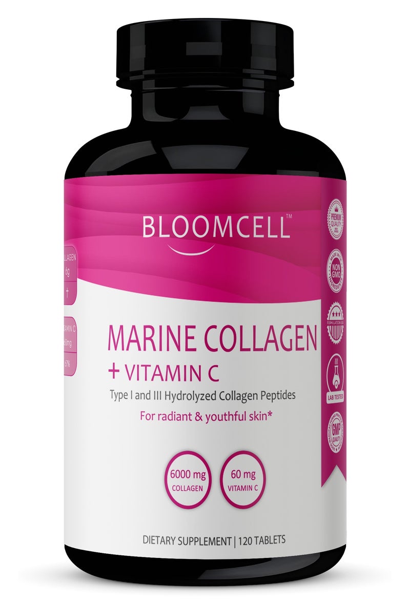 Bloomcell Marine Collagen (Hydrolyzed Collagen Peptides Type I & II) + Vitamin C- 120Tablets - Image 1
