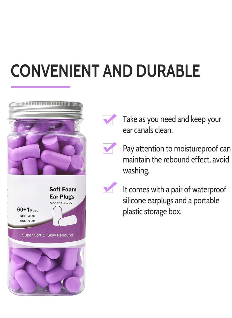 SYOSI - Ultra Soft Foam Earplugs Sleep 38dB Noise Cancelling Ear Plugs for Sleeping Shooting Snoring Work Loud 60 Pairs Purple - Image 1