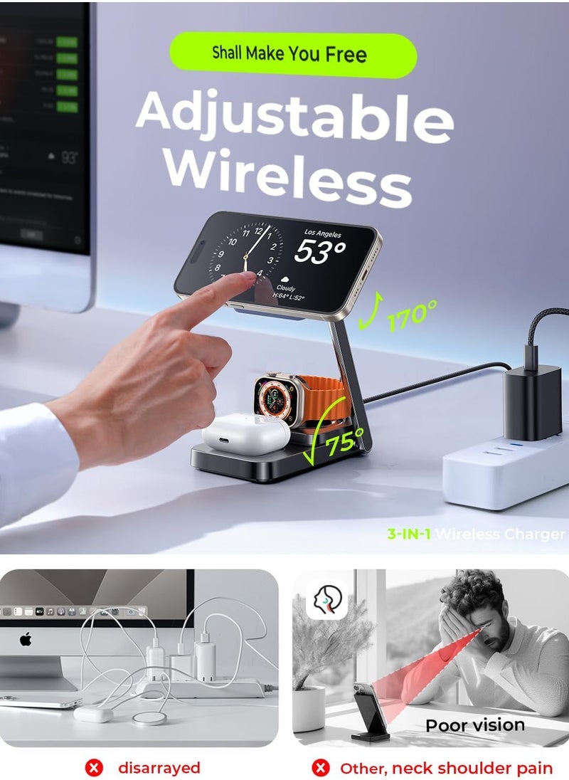 General - Foldable Charger 3 in 1 for Apple Magsafe Charger Stand, Wireless Charger iPhone and Watch Charging Station for Multiple Devices for Apple with iPhone 15 Pro Max Airpods Apple Watch - Image 1