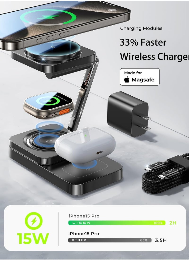 General - Foldable Charger 3 in 1 for Apple Magsafe Charger Stand, Wireless Charger iPhone and Watch Charging Station for Multiple Devices for Apple with iPhone 15 Pro Max Airpods Apple Watch - Image 1