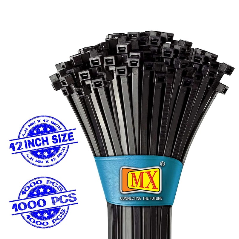 MX Teeth Grip Nylon Self Locking Cable Ties Black 305 mm x 48 mm 12 inch Pack of 1000 Heavy Duty Strong nylon self locking zip tie nylon self locking cable tie cable tie wire - Image 2