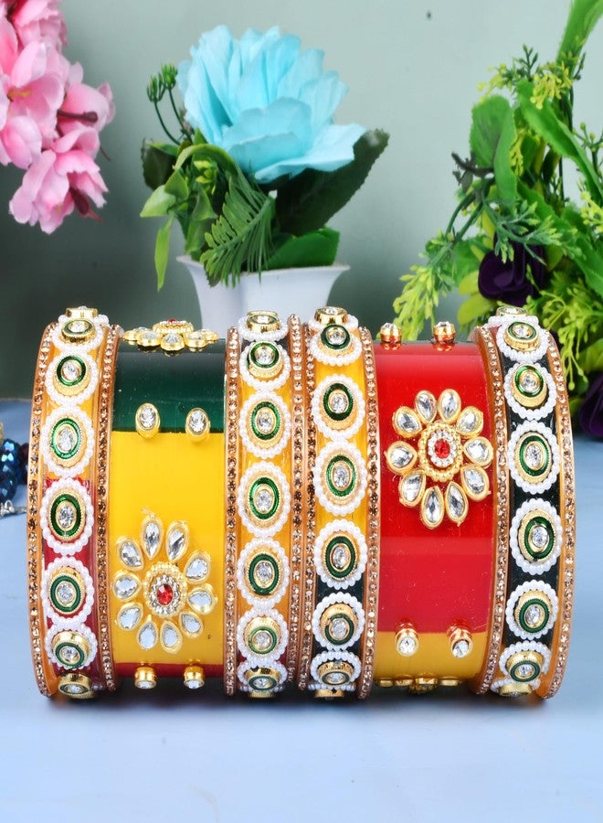 EMERY Tricolor (Yellow, Green, Red) Chuda Bangles Set-1, Rajwada Design, Kundan Zari Handwork, Perfect for Weddings, Engagements, Festivals, Bangles for Women & Girls (Style1, 2.4) - Image 5
