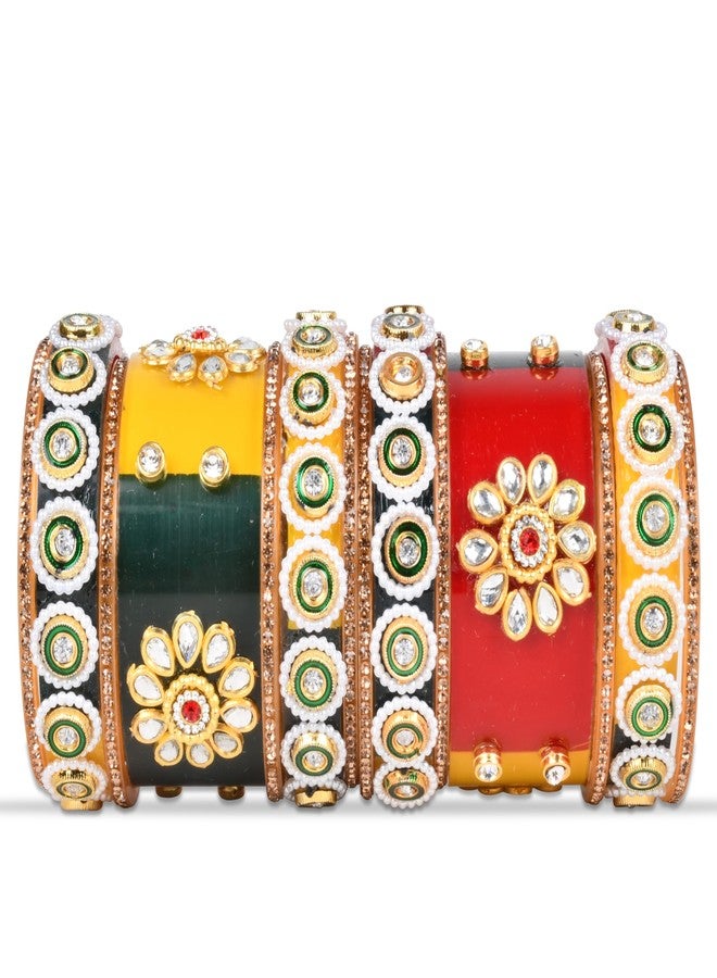 EMERY Tricolor (Yellow, Green, Red) Chuda Bangles Set-1, Rajwada Design, Kundan Zari Handwork, Perfect for Weddings, Engagements, Festivals, Bangles for Women & Girls (Style1, 2.4) - Image 2