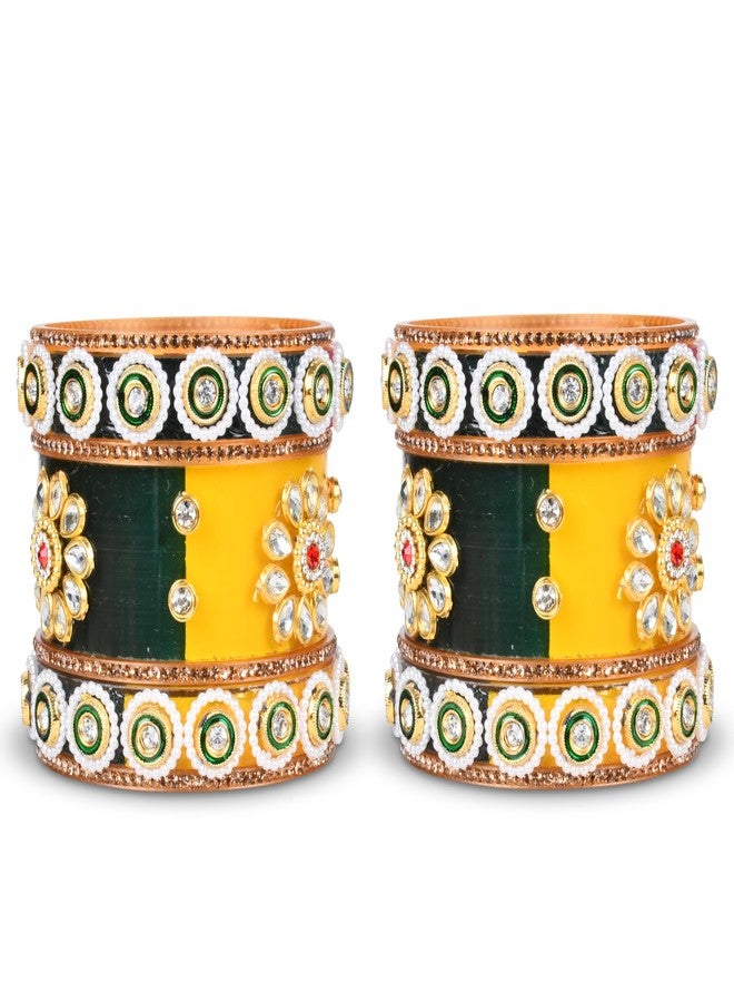 EMERY Tricolor (Yellow, Green, Red) Chuda Bangles Set-1, Rajwada Design, Kundan Zari Handwork, Perfect for Weddings, Engagements, Festivals, Bangles for Women & Girls (Style1, 2.4) - Image 3