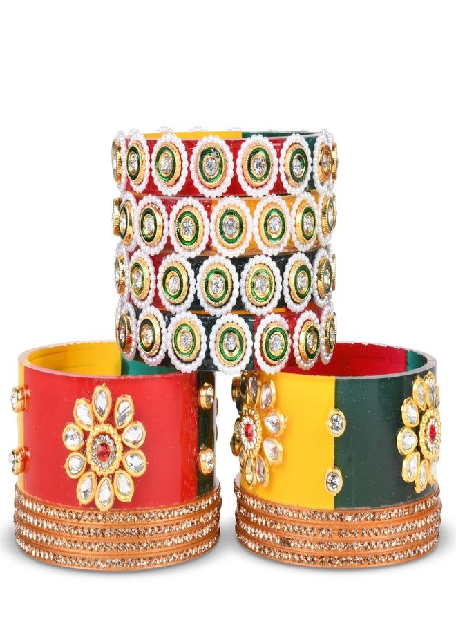 EMERY Tricolor (Yellow, Green, Red) Chuda Bangles Set-1, Rajwada Design, Kundan Zari Handwork, Perfect for Weddings, Engagements, Festivals, Bangles for Women & Girls (Style1, 2.4) - Image 4