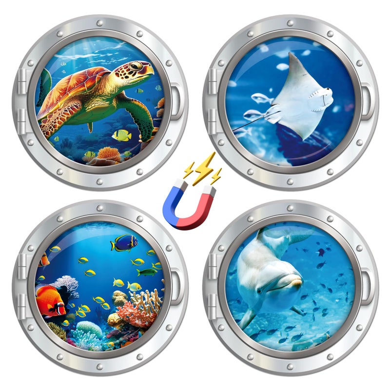 MENIFEND Cruise Ship Door Decorations Magnetic, 4 Pcs Large Porthole Sea Turtle Dolphin Ray Tropical Fish Cruise Magnets, Sea Animals Magnetic Ship Cabin Door Signs Fridge Decor - Image 1
